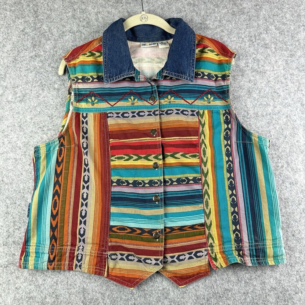 VTG Sun River Southwest Aztec Denim Vest Womens XL Western Beaded Cowboy Boho*